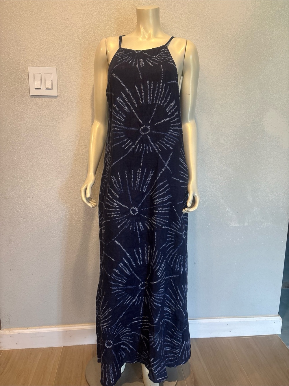 Tommy Bahama Navy Sunburst Halter Linen Maxi Dress Beach Casual Summer